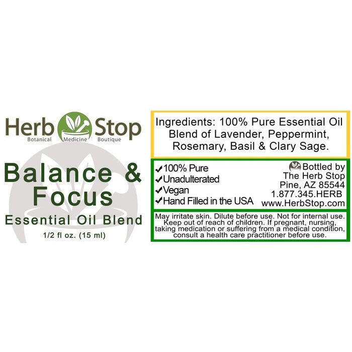 Balance & Focus Aromatherapy Essential Oil Blend Label