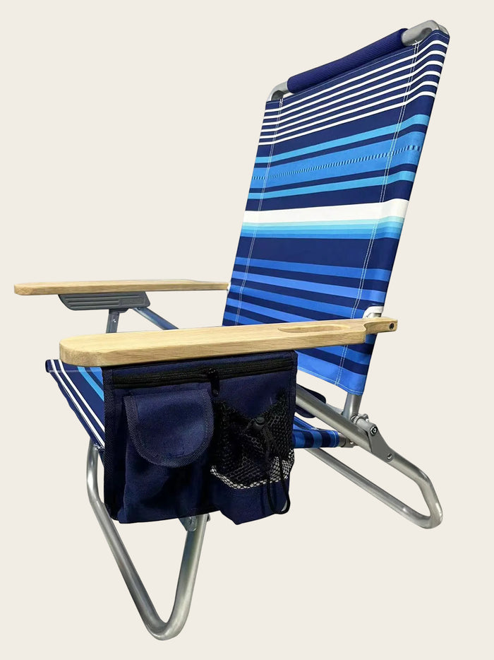 Beachkit Beach Bum wide blue striped beach chair with aluminium frame and wooden armrests