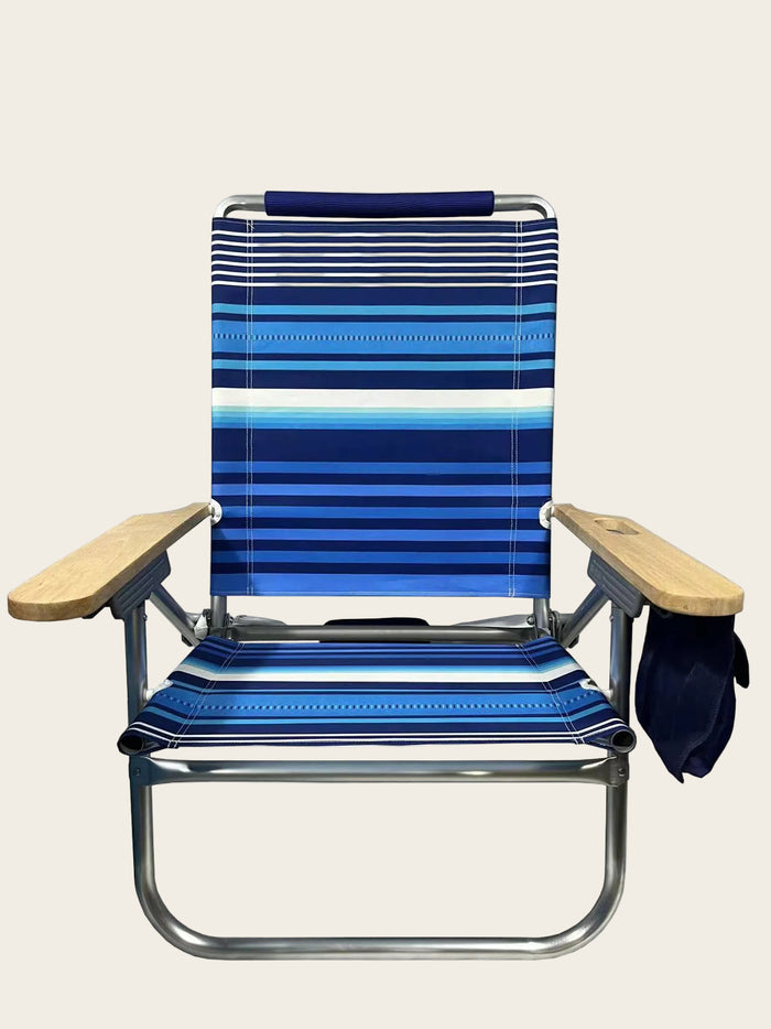 Beachkit Beach Bum wide striped blue aluminum frame beach chair with wooden armrests and cup holder