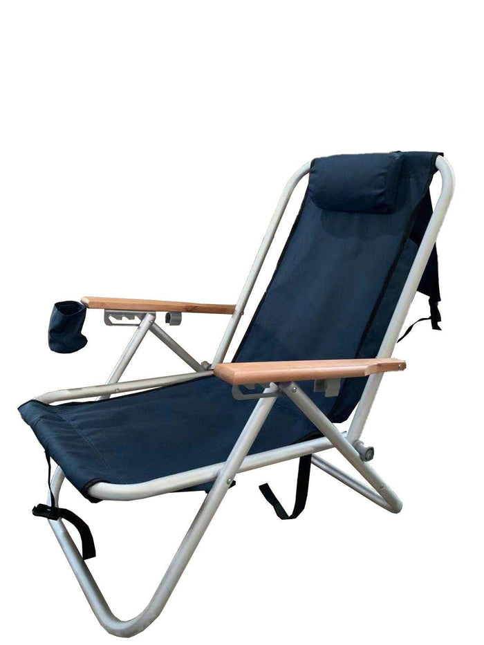 Beachkit Wearever Backpack Chair with navy fabric, aluminum frame, wooden arms, adjustable headrest, and cup holder for portable outdoor comfort