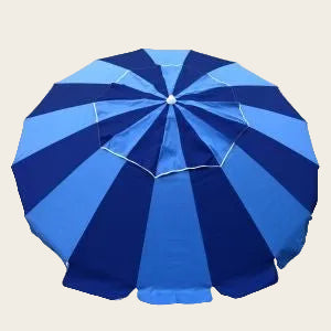 Carnivale Beach Umbrella with built-in Sunraker table in royal and navy blue panels