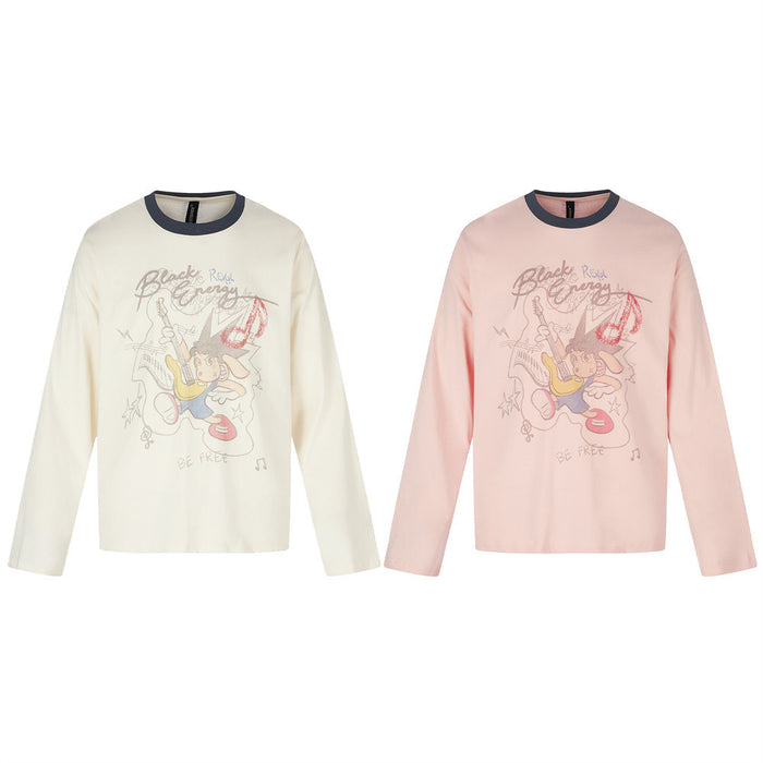 Cream and pink long sleeve crew neck shirts with colorful rock and roll cartoon graphics