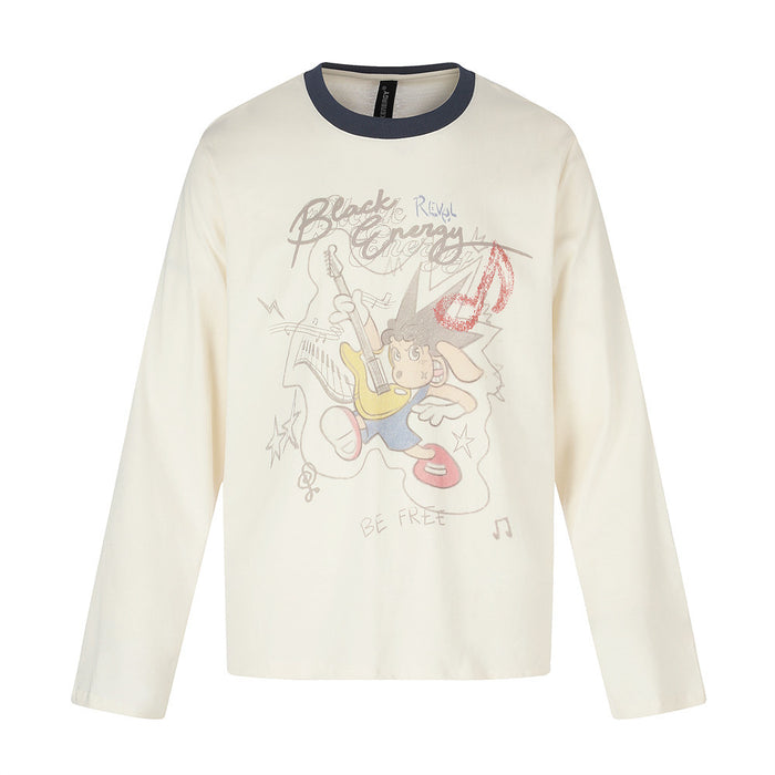Front view of a cream long sleeve crew neck shirt with a cartoon guitarist graphic