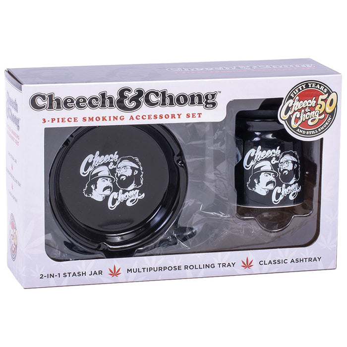 Overhead view of the Cheech & Chong Smoke Lover's Gift Set - East L.A., showcasing a circular tray with branded text on a white background.