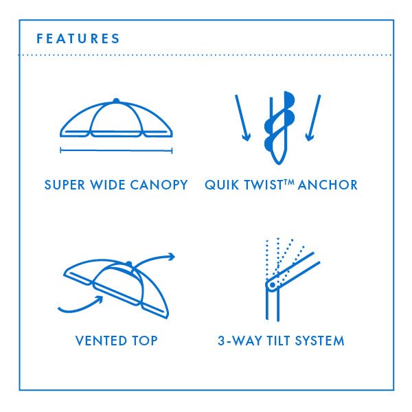 Citron Beach Umbrella with 240cm wide colorful canopy, Quik Twist anchor, vented top, and 3-way tilt system