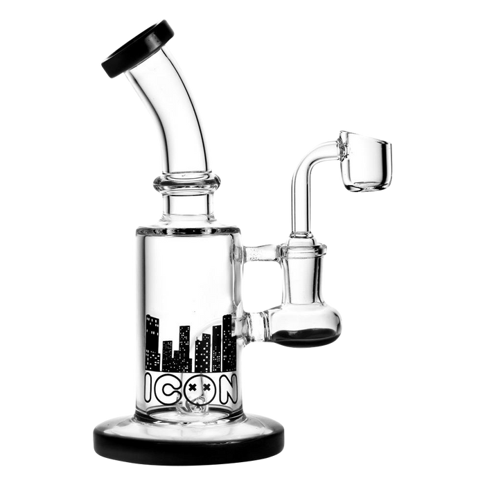 A three-quarter view of the Diamond Glass 'Hobbit' Dab Rig, featuring a clear glass body and angled joint.
