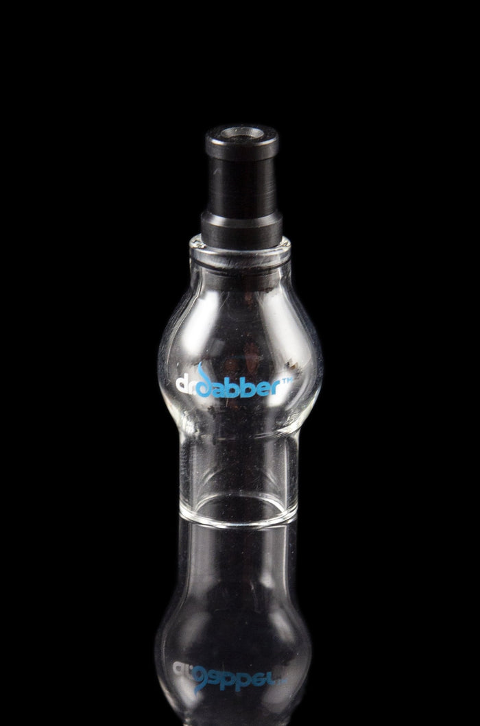 Clear glass dab rig with "dropper" logo and reflective surface.