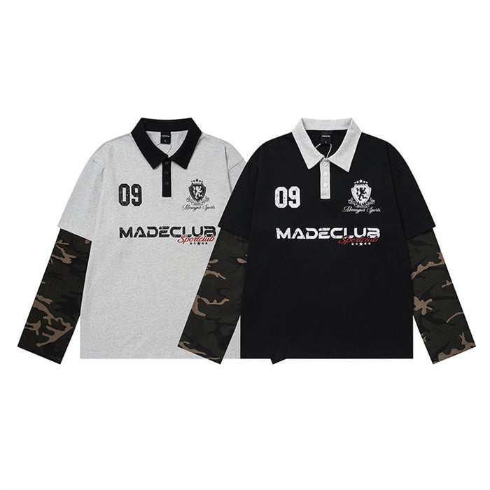 Front view of gray and black polo shirts with black collars, camouflage sleeves, and sport-style lettering