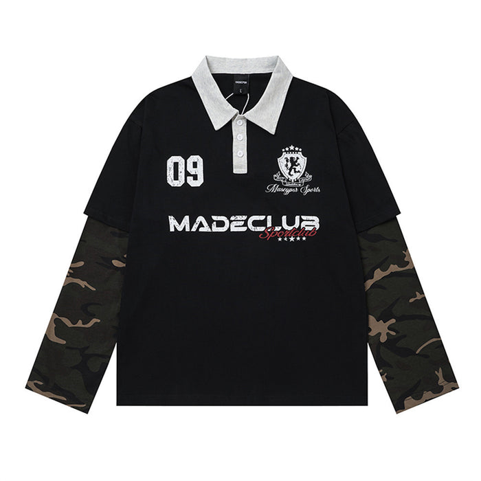 MADECLUB Sportclub faux layered camo sleeve polo shirt in black with grey contrast collar and distressed letter print