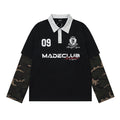 MADECLUB Sportclub faux layered camo sleeve polo shirt in black with grey contrast collar and distressed letter print