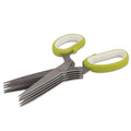 A pair of stainless steel herb scissors with green and white handles and five blades.