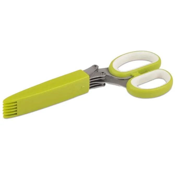 A pair of stainless steel herb scissors with green and white handles and five blades with green blade cover.