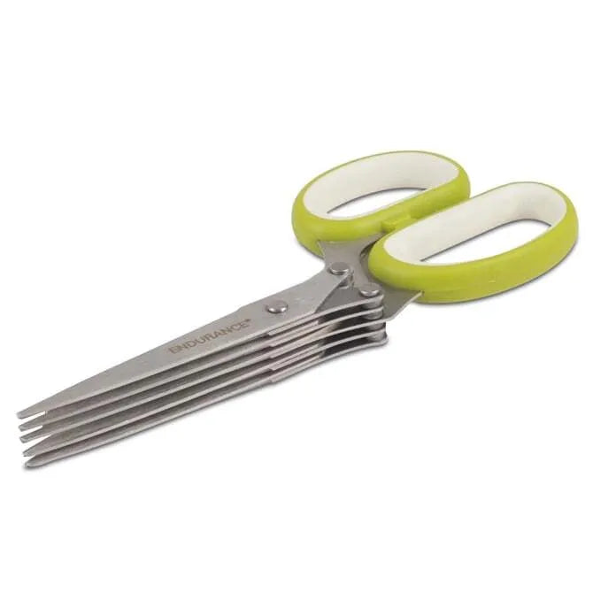 A pair of stainless steel herb scissors with green and white handles and five blades.