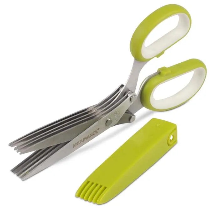 A pair of stainless steel herb scissors with green and white handles and five blades.