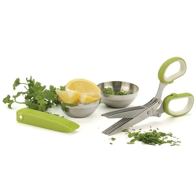 A pair of stainless steel herb scissors with green and white handles and five blades.