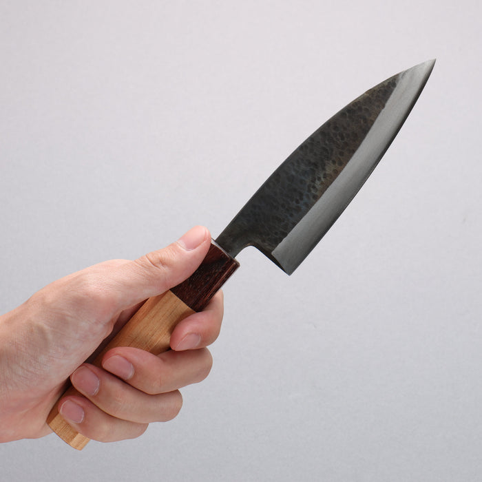 Fukube Shinbu Magomitsu Blue Steel No.2 Hammered Kurouchi Deba 120mm Keyaki Elm Handle - Seisuke Knife