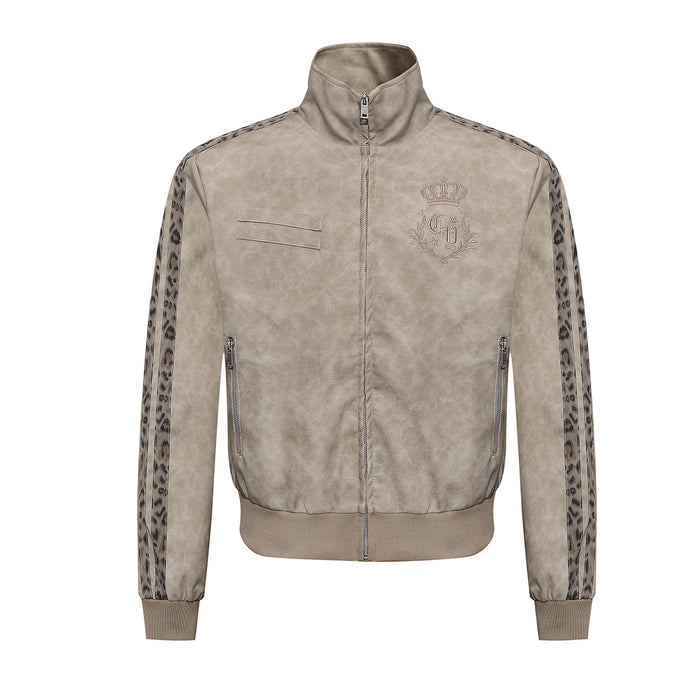High neck distressed PU leather zip-up jacket with leopard print side panels and embroidered crown monogram in khaki