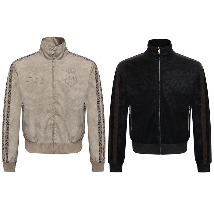 High Neck Leather Jacket with Leopard Side Panels & Crown Emblem