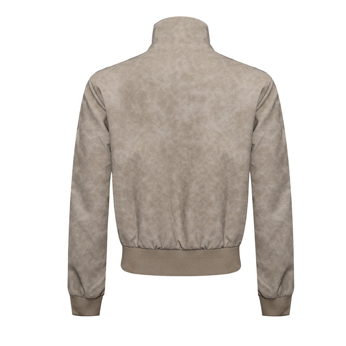 High Neck Leather Jacket with Leopard Side Panels & Crown Emblem