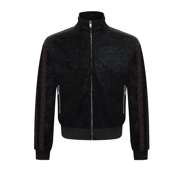 High Neck Leather Jacket with Leopard Side Panels & Crown Emblem