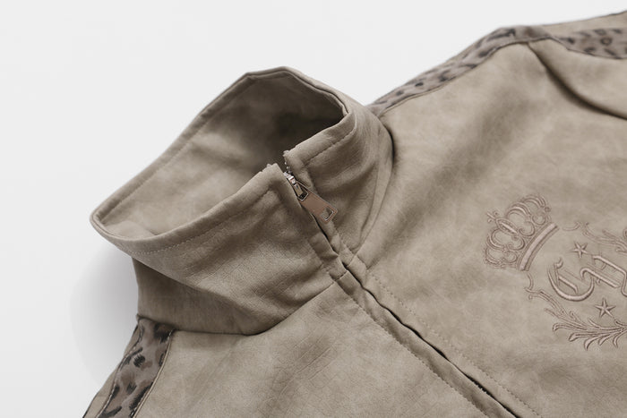 High Neck Leather Jacket with Leopard Side Panels & Crown Emblem