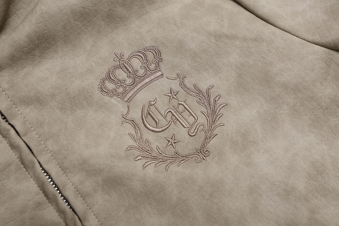 High Neck Leather Jacket with Leopard Side Panels & Crown Emblem