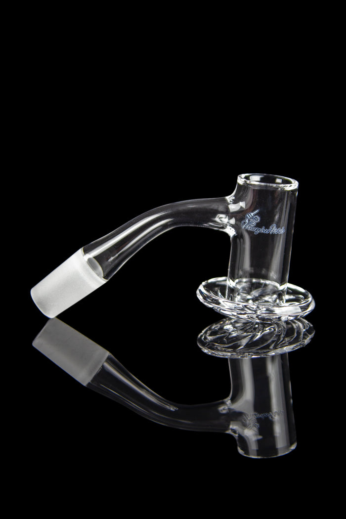 Clear glass cannabis oil rig with a curved neck and circular base, reflected on a black surface.