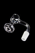 Clear quartz dab nail with a curved design and angled joint for use with concentrates.
