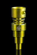 Gold-colored dab nail with etched logo, used for vaporizing cannabis concentrates."