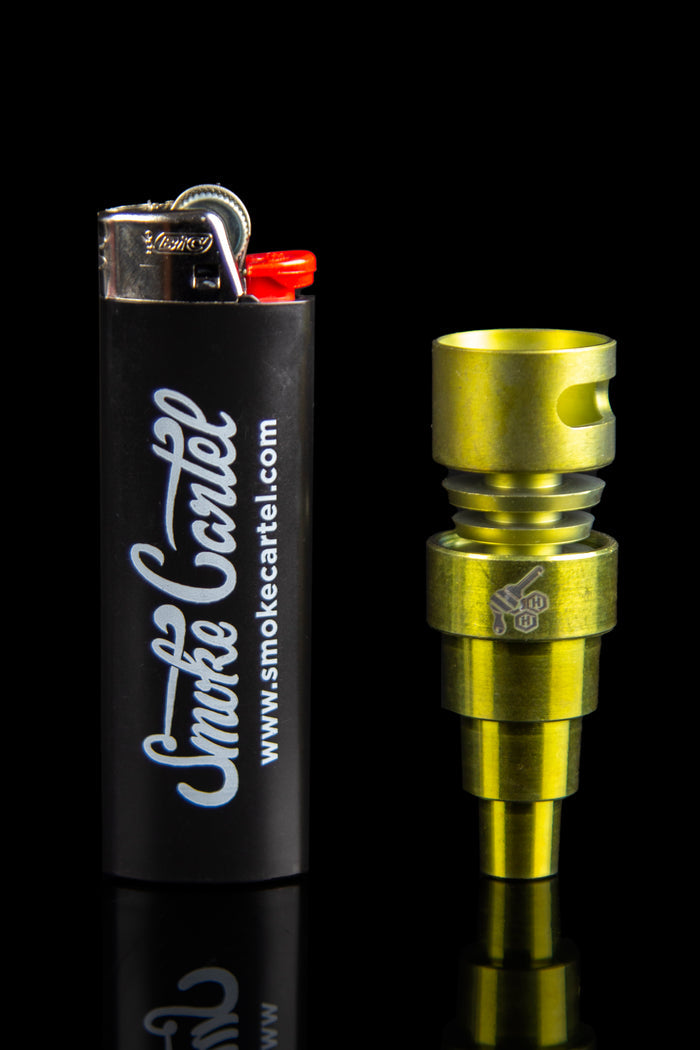 Brass oil burner pipe and lighter with branding for Smoke Cartel website.