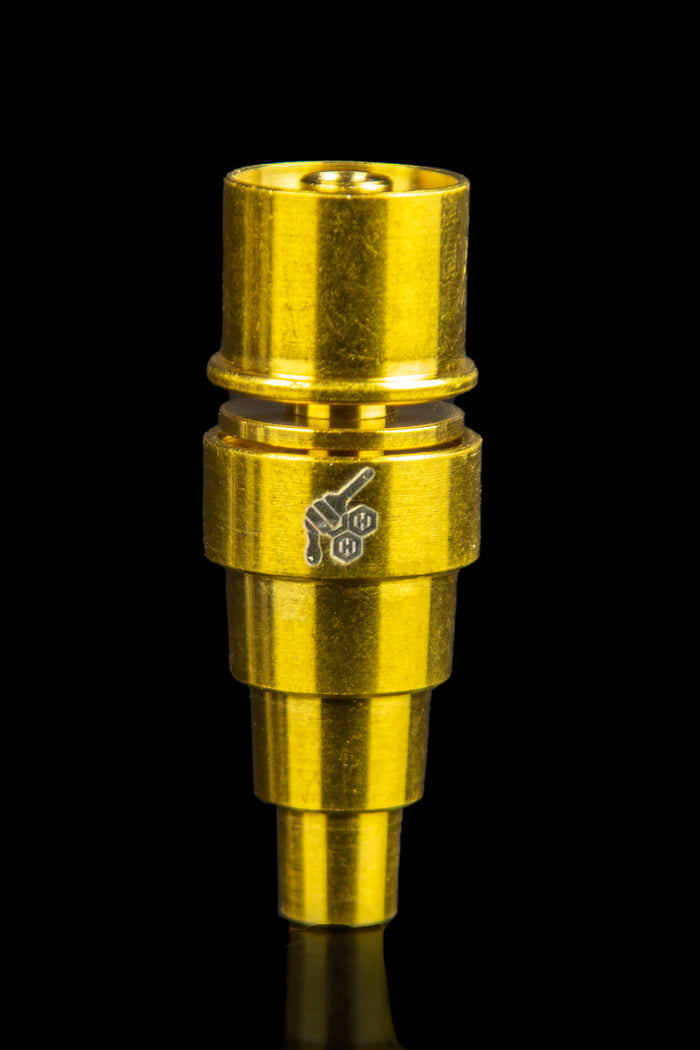 Gold titanium e-nail coil for vaporizing cannabis concentrates.
