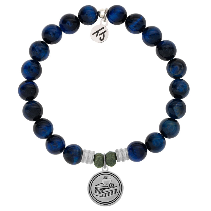 Lapis Tiger's Eye Stone Bracelet with Teacher Sterling Silver Charm