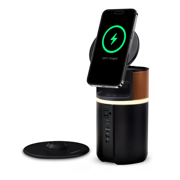 M250 portable power bank charger with the wireless charging lid up and the charging dock