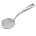 Stainless Steel meat flattener on a white background at a side angle. The meat flattener is a disk of metal with a handle attached to it.