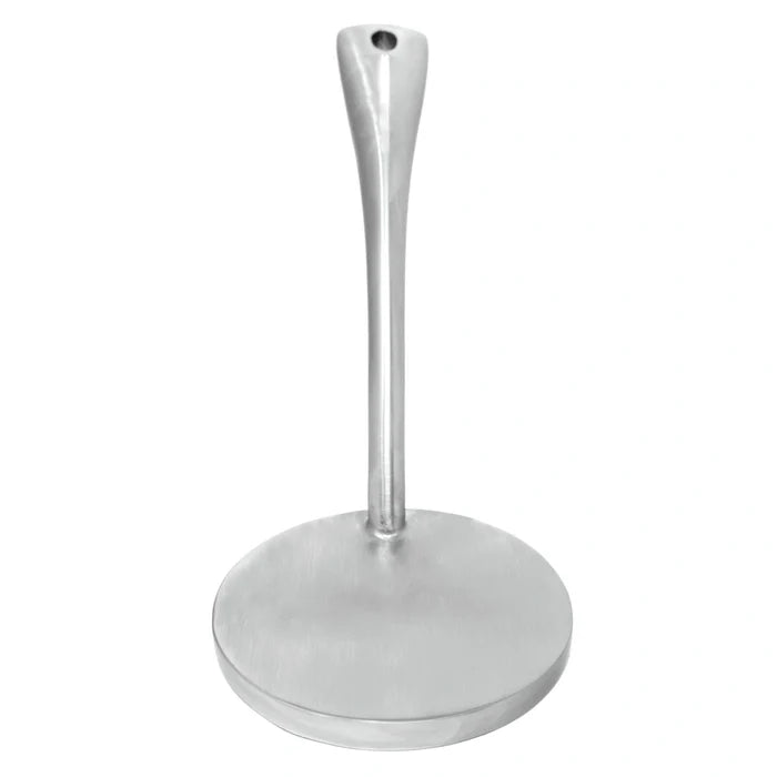 Stainless Steel meat flattener on a white background from head on. The meat flattener is a disk of metal with a handle attached to it.