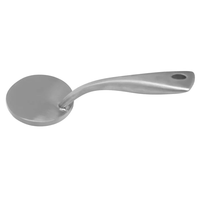 Stainless Steel meat flattener on a white background at a side angle. The meat flattener is a disk of metal with a handle attached to it.
