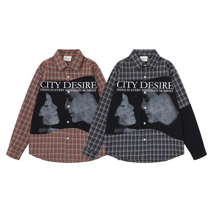 Two plaid patchwork shirts shown from the front in red and black, with City Desire text and grayscale face graphics
