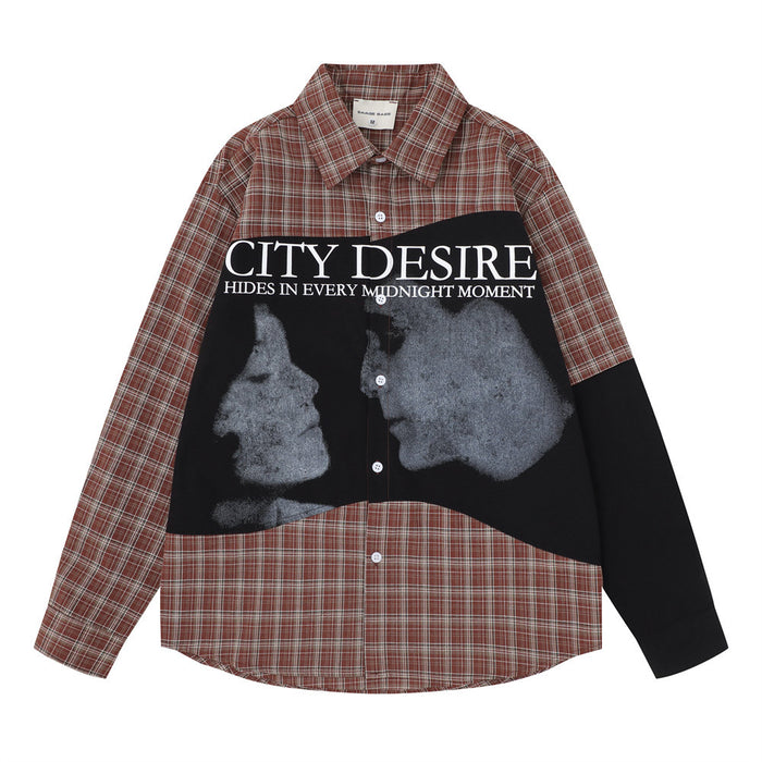 Front view of the red plaid shirt with black patchwork panel, City Desire text, and grayscale face graphics