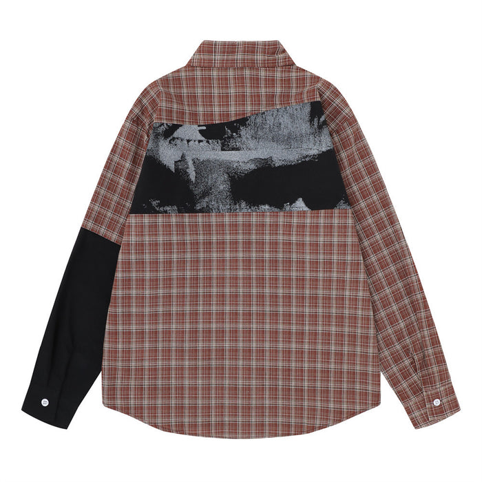 Back view of the red plaid patchwork shirt with a black upper-back panel and grayscale graphic