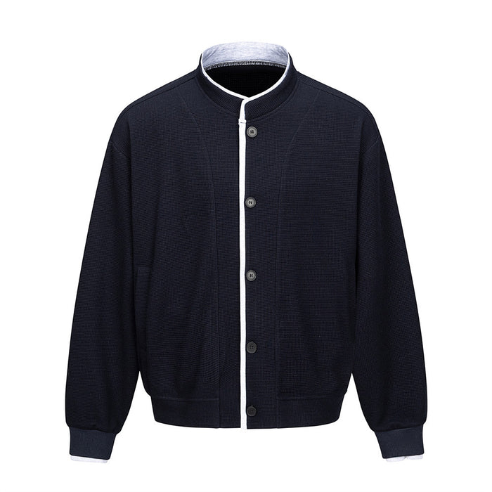 Men's relaxed-fit waffle knit stand-collar bomber cardigan jacket in navy with contrast white trim and button-front closure