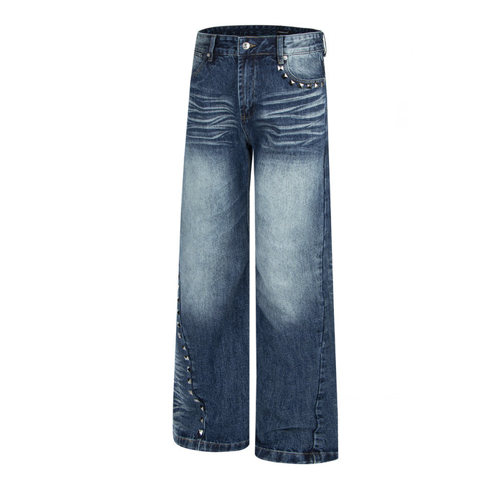 Men's Wide-Leg Jeans – Washed Dark Blue Denim with Stud Trim & Wavy Whisker