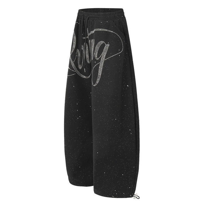 Men's Wide-Leg Sweatpants with Rhinestone Script & Glitter Fabric