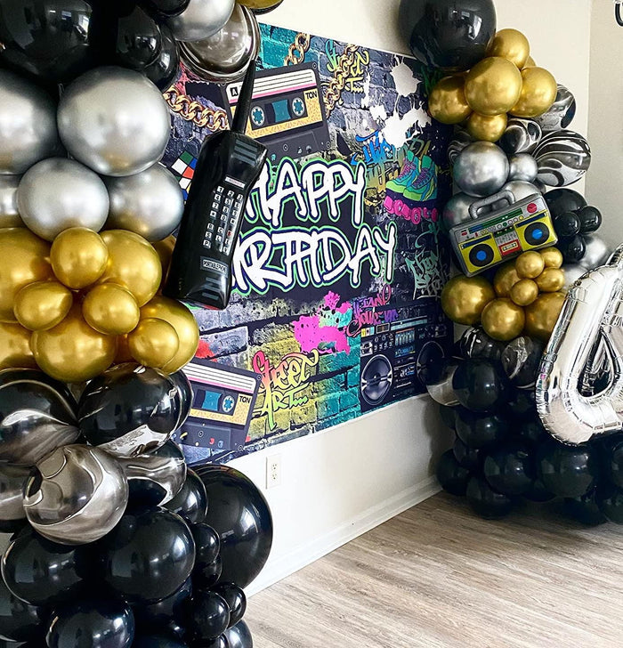 Mocsicka Graffiti Wall and Retro Radio Gold Chain Happy Birthday Backdrop-Mocsicka Party