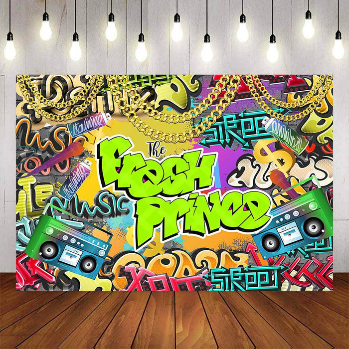 Mocsicka Retro Radio and Golden Chain Fresh Prince Baby Shower Backdrop-Mocsicka Party