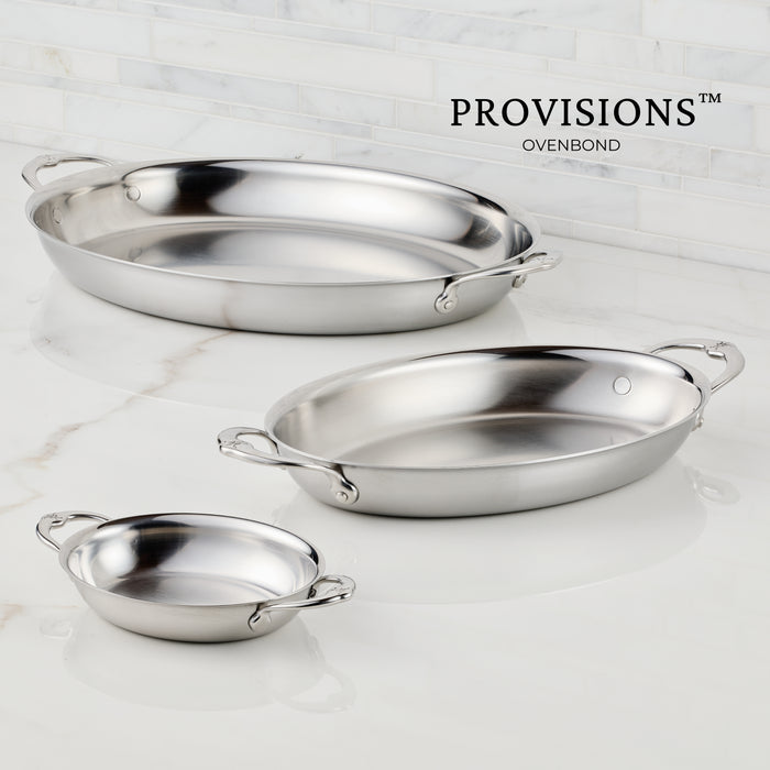 Provisions Set of 2, Stainless Steel 13oz Oval Au Gratin, Small (6.5 x 5.5 inches)
