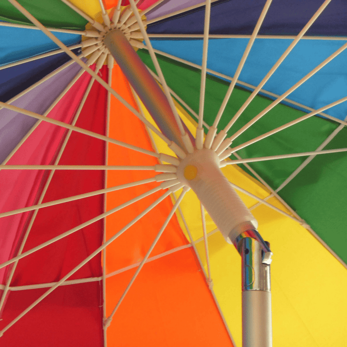 Close-up of the rainbow 240cm beach umbrella canopy with vibrant panels and sturdy frame structure