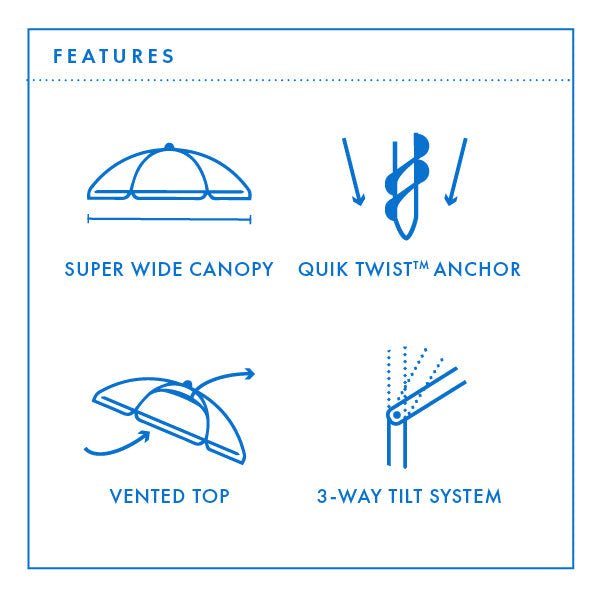 Rainbow 240cm Beach Umbrella with wide canopy, Quik Twist anchor, vented top, and 3-way tilt system for UV protection and stability.