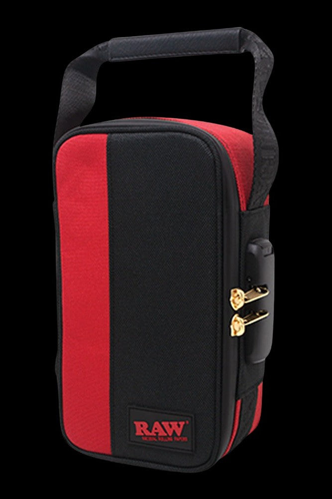 Red and black RAW rolling supply case with combination locks.