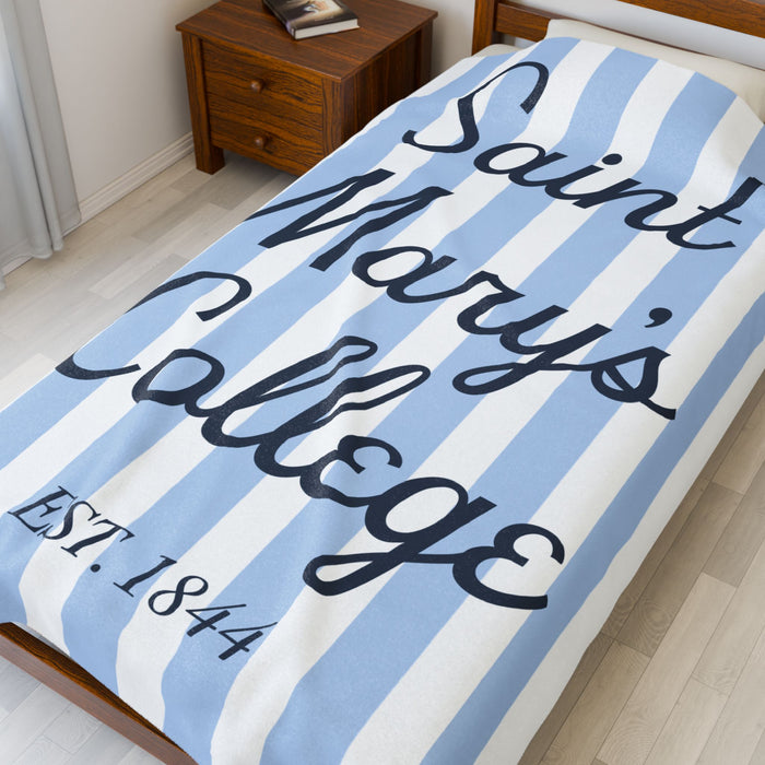 Saint Mary's College Velveteen Plush Blanket | Cabana Stripes | Belles Blue | 1844 | Better in Blue Co.