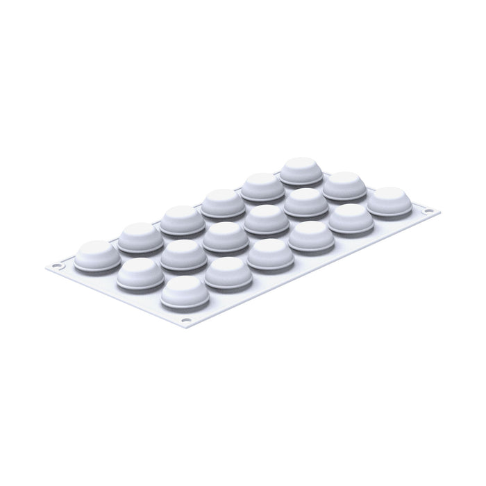 Silicone mold with 18 round cavities on a white background.